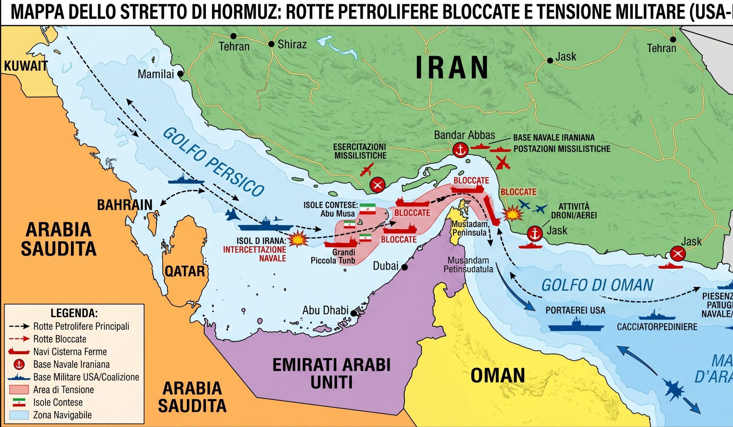 Crisi Stretto di Hormuz mappa con rotte petrolio bloccate aprile 2026