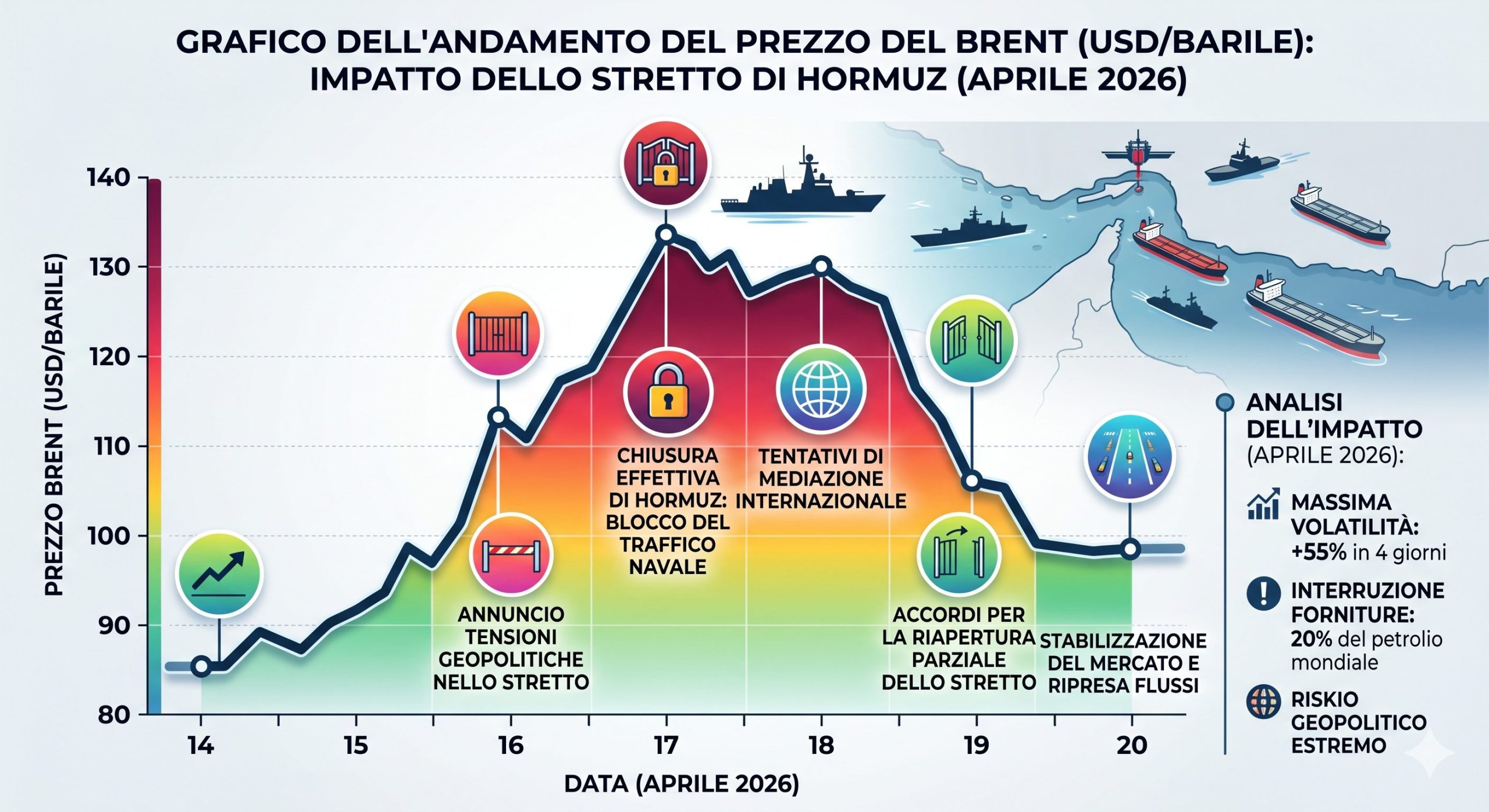 Grafico andamento prezzo petrolio Brent aprile 2026 volatilità crisi Hormuz
